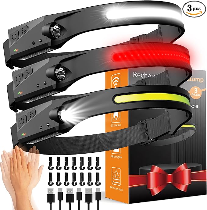 Headlamp Rechargeable 3 Pack, 230° Wide Beam Running Head Lamp Hands Free by CANKROO