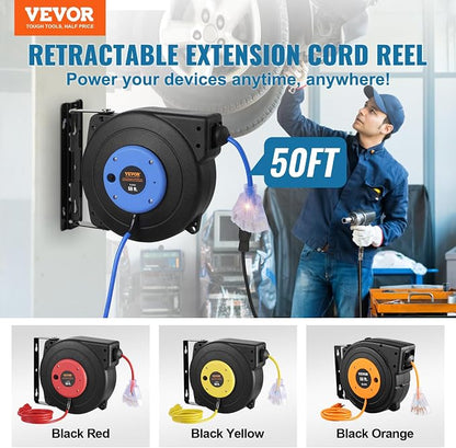 VEVOR Retractable Extension Cord Reel, 50 FT, Heavy Duty 14AWG/3C SJTOW - Image 2