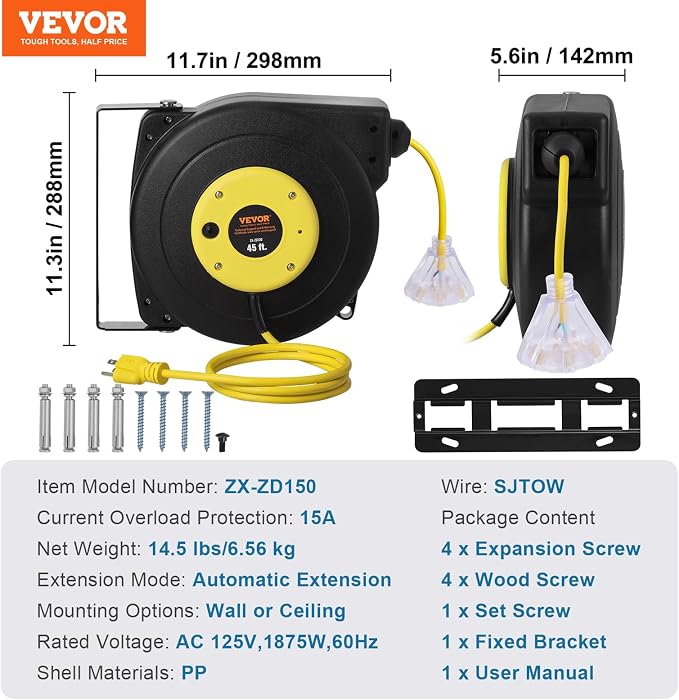 VEVOR Retractable Extension Cord Reel, 45 FT, Heavy Duty 12AWG/3C SJTOW - Image 7