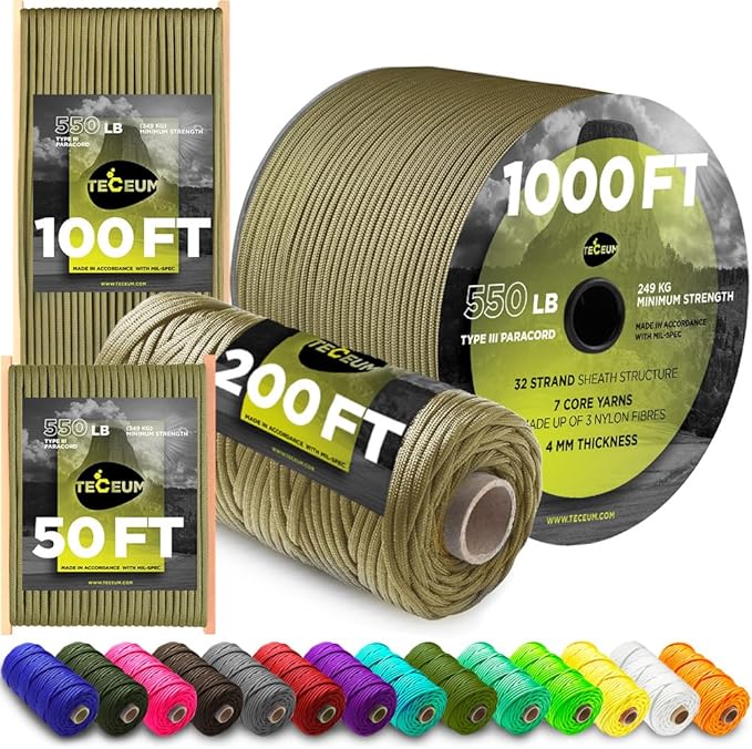 TECEUM 5/32" Paracord Rope 1000 – 1000ft / 200ft / 100ft / 50ft – Tactical by TECEUM