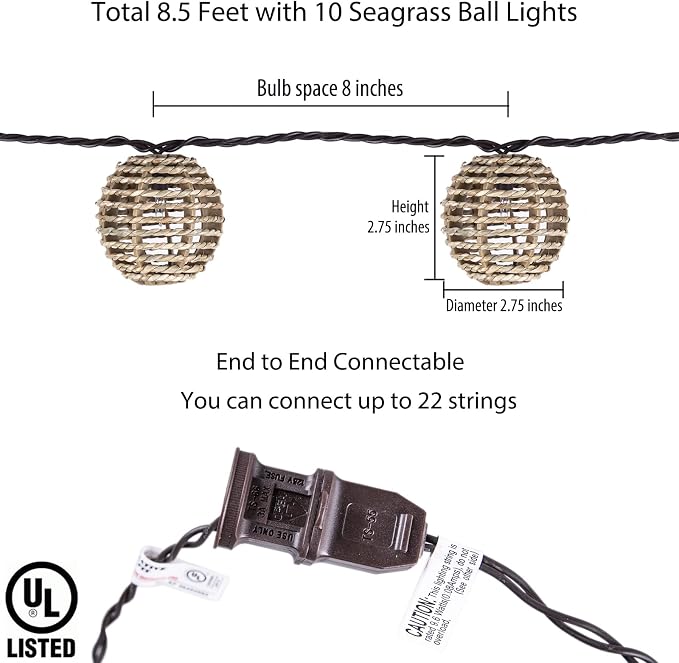 Decorative Outdoor Patio String Lights, Seagrass Rattan Wire Ball Style Lantern - Image 3