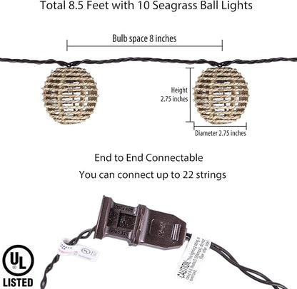 Decorative Outdoor Patio String Lights, Seagrass Rattan Wire Ball Style Lantern - Image 3