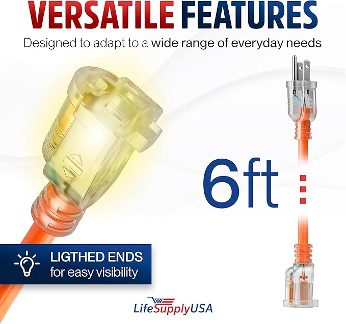 6ft Outdoor/Indoor Extension Cord 16/3 Gauge Heavy Duty 3 Prong SJTW, Waterproof - Image 6