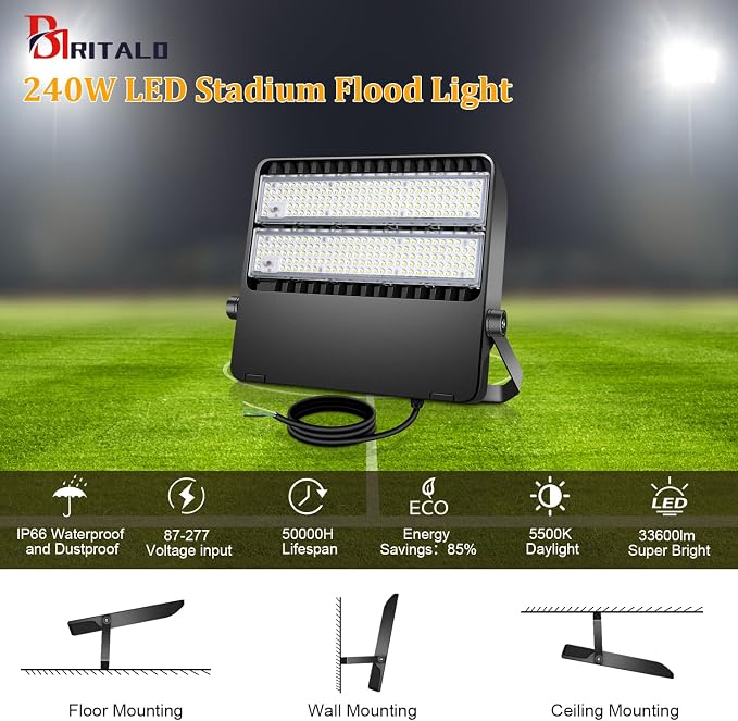 240W LED Stadium Flood Lights Outdoor 36000LM Super Bright Yoke Wall Mount - Image 6