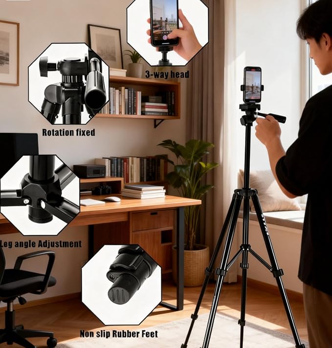 55" Aluminum Phone & Camera Tripod, Extendable Cell Phone Tripod Stand - Image 9
