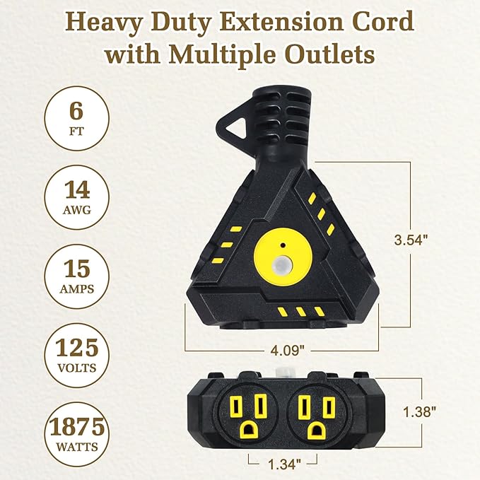 6FT 14 Gauge Outdoor Extension Cord 6-Outlet 14/3 SJTW Heavy Duty Extension Cord - Image 2