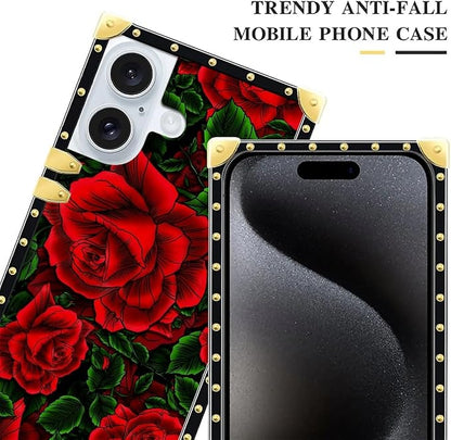 Compatible with iPhone 16 Plus Case, Vector Red Rose Green Leaf Luxury Golden - Image 5