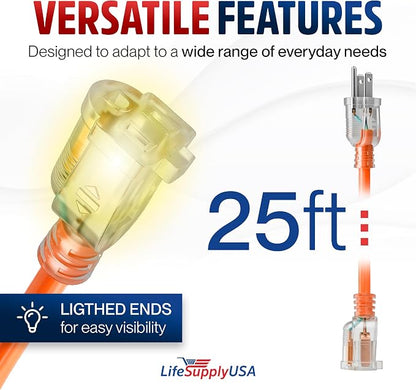 25ft Outdoor/Indoor Extension Cord 16/3 Gauge Heavy Duty 3 Prong SJTW, - Image 6