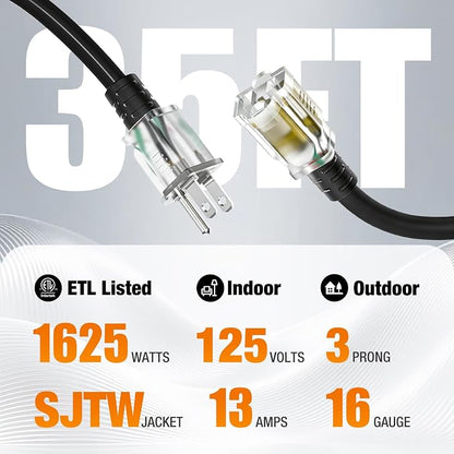 35 FT Outdoor Extension Cord Waterproof, 16/3 Gauge Heavy Duty 3 Prong Power - Image 2