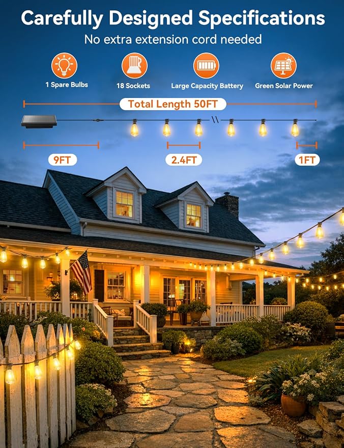 Brightever 50FT Solar String Lights Outdoor Waterproof, Patio Lights Solar - Image 2