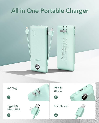 VEGER Portable Charger with Built-in AC Plug and Cables, All in One 10000mAh - Image 2