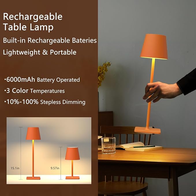 Yogaret Orange Cordless Table Lamp Set of 2-3 Way and Stepless Dimmable - Image 3
