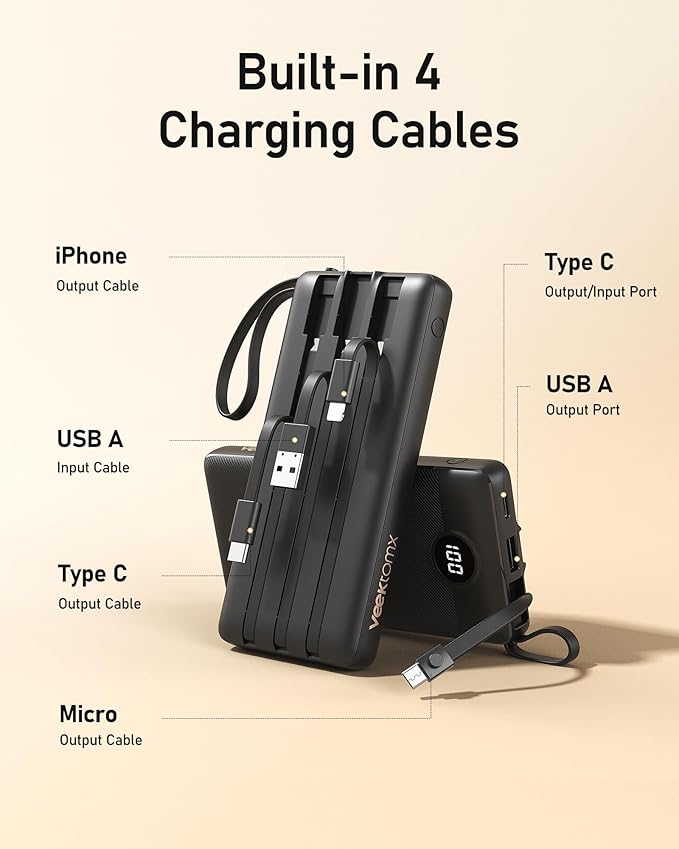 VEEKTOMX Portable Charger Built-in Cables, 10000mAh Power Bank - Image 2