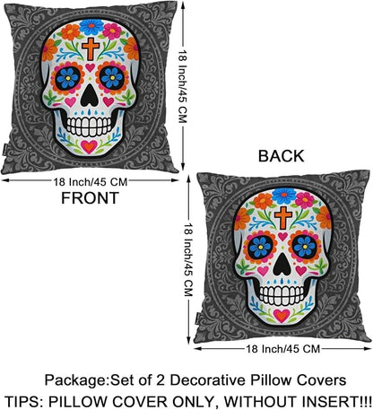 Swono Sugar Skull Set of 2 Square 18x18 Inch Throw Pillow Cover Mexican Day of - Image 6