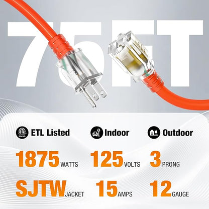 Outdoor Extension Cord 75 FT Waterproof, 12/3 Gauge Heavy Duty 3 Prong Power - Image 2