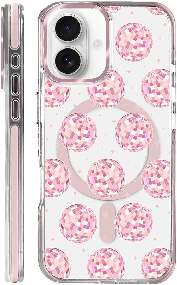 Case for iPhone 16, Disco Balls Pink Phone Case Design，for Women Girls Magnetic by Toulas
