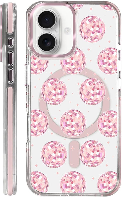 Case for iPhone 16, Disco Balls Pink Phone Case Design，for Women Girls Magnetic by Toulas