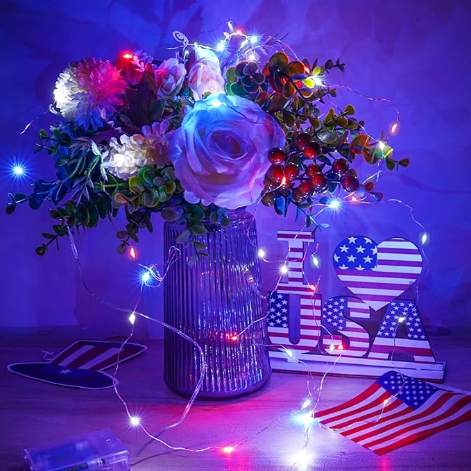4th of July Decorations, 4 Pack Red White and Blue Fairy Lights Battery Operated - Image 3