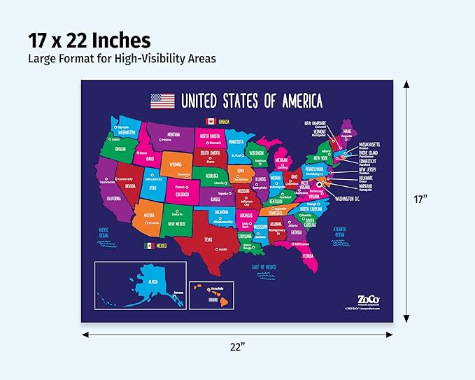 ZOCO – United States Map with Capitals Poster – Laminated 17x22 – Educational - Image 2