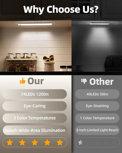 4Pack 16inch Under Cabinet Lighting, Rechargeable Motion Sensor Light Wireless - Image 2