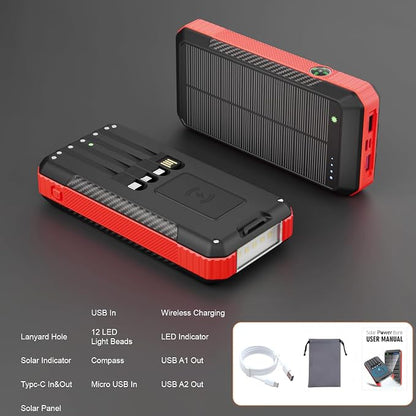 Solar Power Bank 33800mAh with Super Bright LED Flashlight, Built-in 4 Cables & - Image 6
