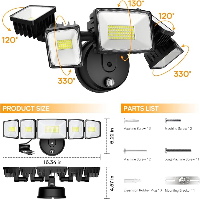 Onforu 150W 15000LM Dusk to Dawn Outdoor Lighting, 5 Heads Plug in Flood Lights - Image 5