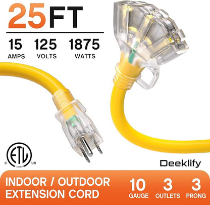 25 ft 10 Gauge Heavy Duty 3 Outlet Extension Cord Splitter - Image 2
