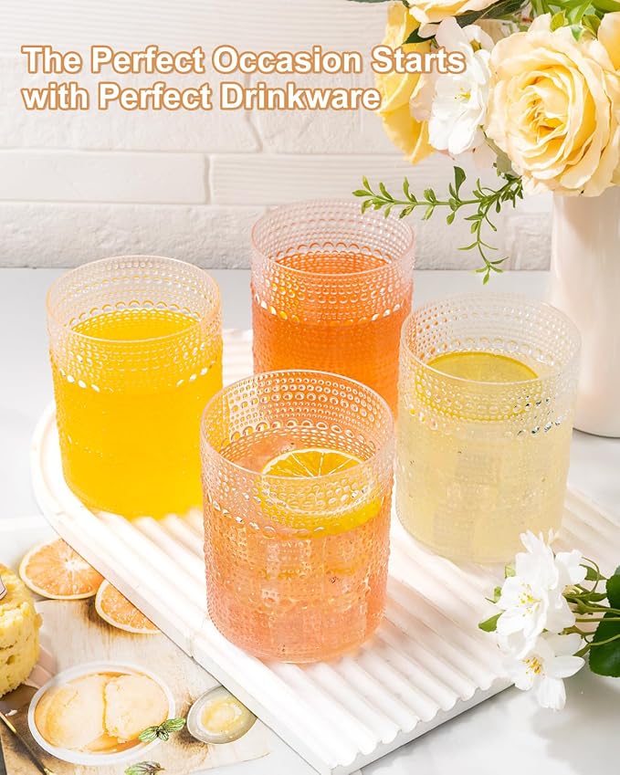 YOUBET 24PCS Plastic Hobnail Drinking Glasses - 14 Oz Clear Vintage Glasses - Image 5