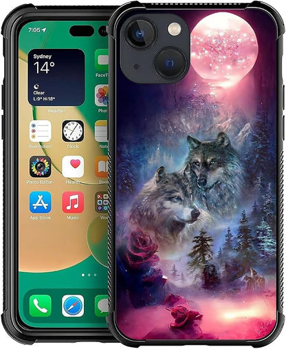for iPhone 13 Mini Case, Star Two Wolfs Howling Pattern Graphic Design Girl Boy by FKBRCL4U