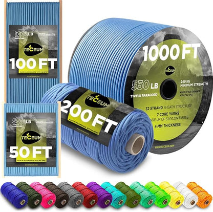 TECEUM 5/32" Paracord Rope 1000 – 1000ft / 200ft / 100ft / 50ft – Tactical by TECEUM