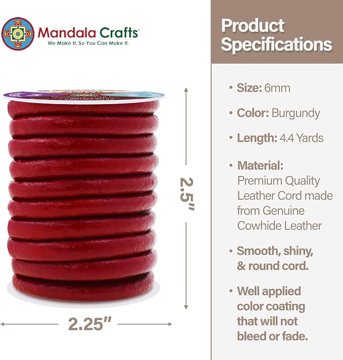 Mandala Crafts Round Genuine Burgundy Leather Cord - Image 4