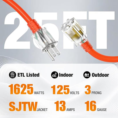 25 FT Outdoor Extension Cord Waterproof, 16/3 Gauge Heavy Duty 3 Prong Power - Image 2