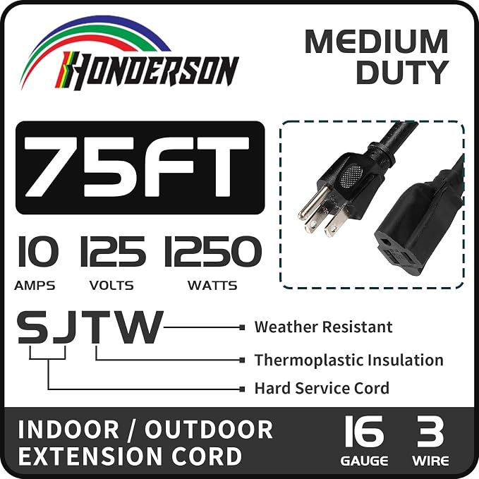 75FT Outdoor Extension Cord-16/3 SJTW Durable Black Extension Cable - Image 3