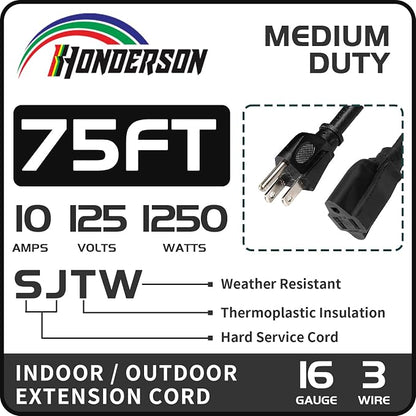 75FT Outdoor Extension Cord-16/3 SJTW Durable Black Extension Cable - Image 3