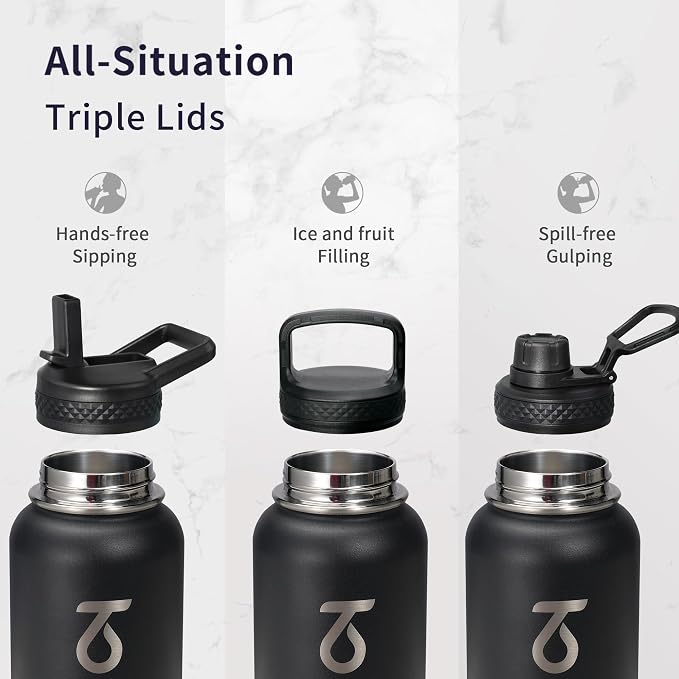 Trebo 40oz Water Bottle with 3 Lid and handle, Vacuum Insulated Stainless Steel - Image 3