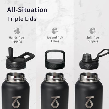 Trebo 40oz Water Bottle with 3 Lid and handle, Vacuum Insulated Stainless Steel - Image 3