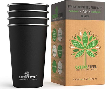 Stainless Steel Cups - 16 oz Pint Tumbler - Premium Metal Drinking Glasses | by GreensSteel