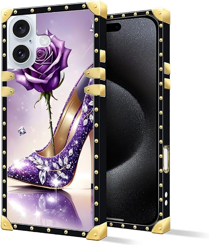 Compatible with iPhone 16 Case, High Heeled Purple Diamond Rose Luxury Golden - Image 2