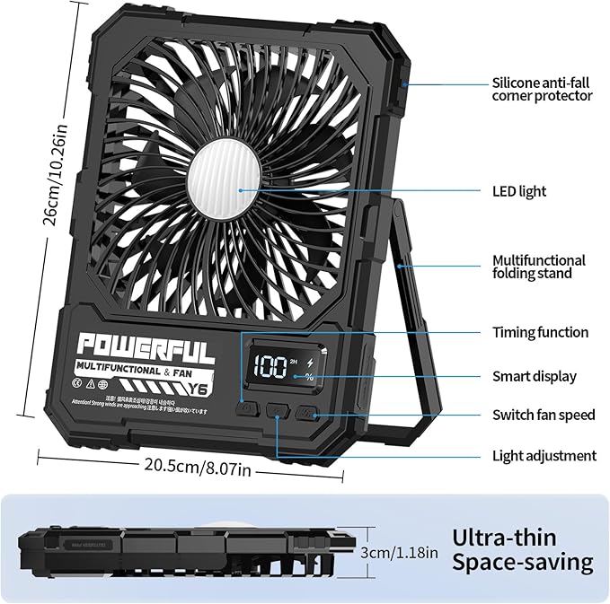 yAyusi 20000mAh Battery Powered Portable Travel Fan, Ultra-Slim 8Inch - Image 4