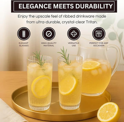 Khen Plastic Acrylic Ribbed Drinking Glasses – Set of 2 Clear 11.8oz Tritan - Image 5