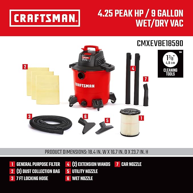 CRAFTSMAN CMXEVBE18590 9 Gallon 4.25 Peak HP Wet Dry Vac, Portable Shop Vacuum - Image 3