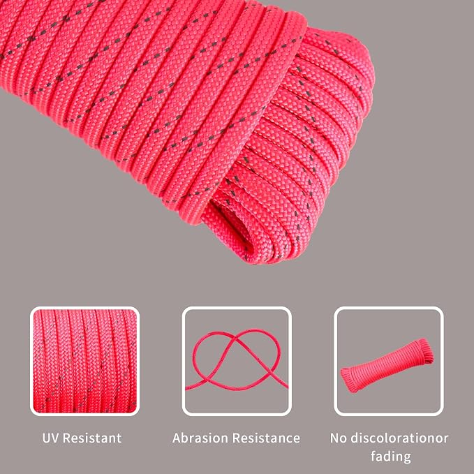 Paracord Rope, Reflective III Parachute Cord 7 Strand Core 550lb, 100ft Pink - Image 3