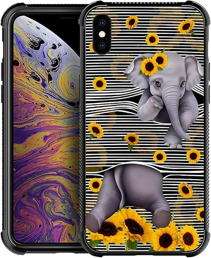 for iPhone Xs Max Case, Cute Little Elephant Sunflower White Line Art Pattern by FKBRCL4U
