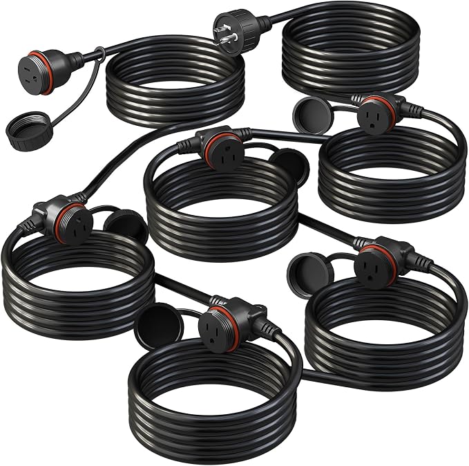 50FT Black Outdoor Extension Cord, Evenly Spaced 6 Outlets Plugs by Belllights