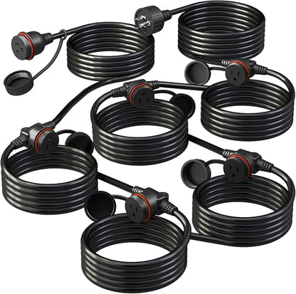 50FT Black Outdoor Extension Cord, Evenly Spaced 6 Outlets Plugs by Belllights