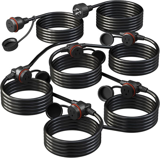 50FT Black Outdoor Extension Cord, Evenly Spaced 6 Outlets Plugs by Belllights