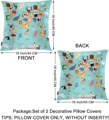 Swono World Map Throw Pillow Covers, Cartoon Forests Animal Map of The World - Image 6