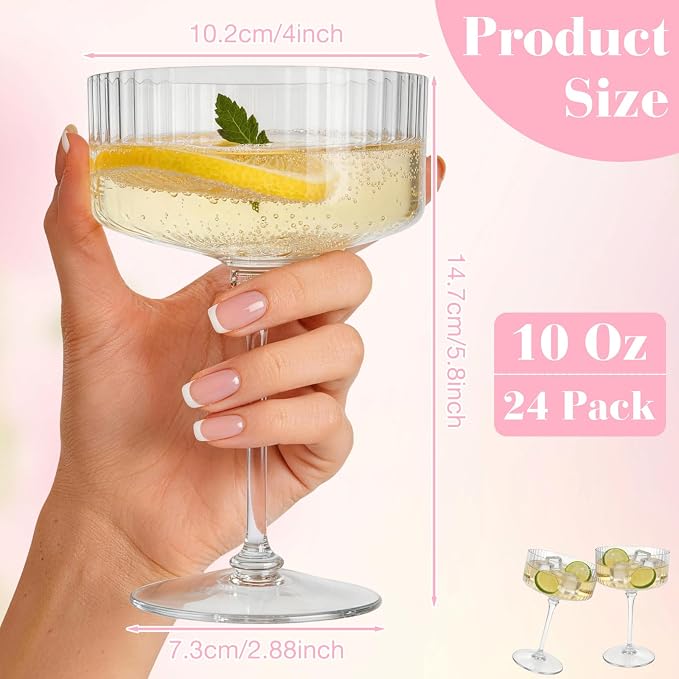 PLULON 24 Pcs Clear Martini Glasses Set 10 Oz Plastic Ribbed Coupe Glass - Image 3