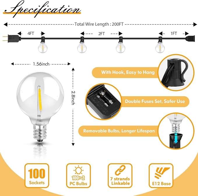 Brightever 200FT Outdoor String Lights Dimmable LED Outside Patio Lights - Image 4