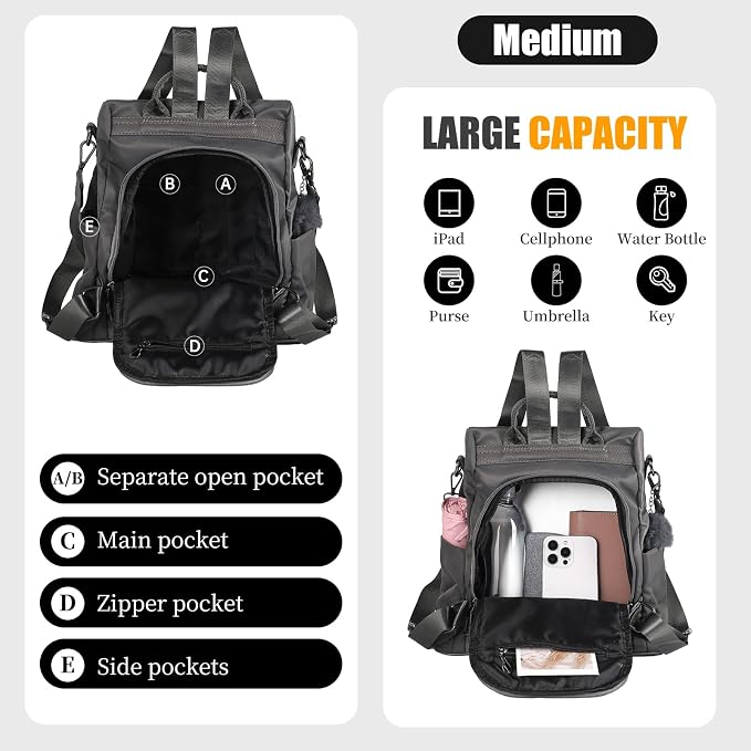 PINCNEL Women Backpack Purse Waterproof Nylon Anti-theft Rucksack Lightweight - Image 3